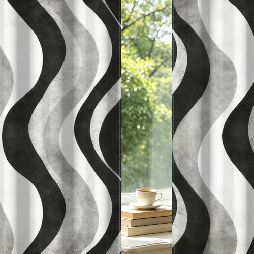 Modern Blackout Curtains 63 Inch Length 2 Panel Set,Black White Gray Wave Striped Abstract Curtains for Bedroom Living Room,Room Darkening Window Drapes with Grommet - color: 02 Black, size: 52"W x 63"L (Pack of 2)
