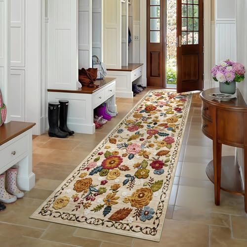 Washable 2x8 Runner Rug, Beige Boho Floral Non-Slip for Hallway, Kitchen - color: Beige, Cream, Mustard, Brick Red and Blue, size: 2' x 8' (Rectangular)
