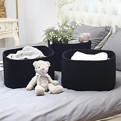 ECDYQXVU 15x10x9 Inch Woven Cotton Rope Storage Basket, Black, 3 Pack - color: Black, size: 3 Pack