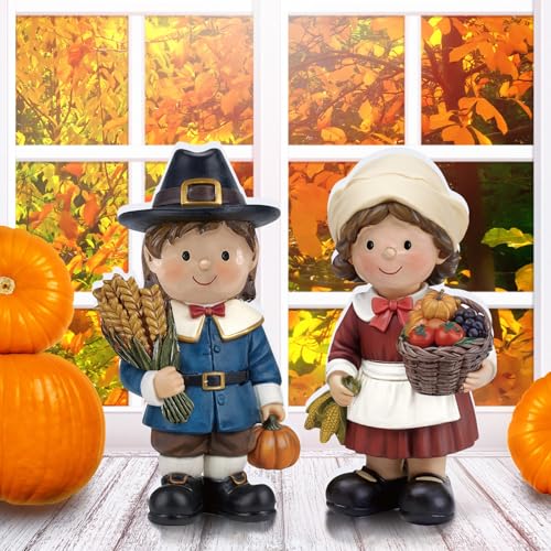 Yuntau 2 Pcs Fall Figurine Decor Wooden Pilgrim Figurines for Thanksgiving - style: Pilgrim