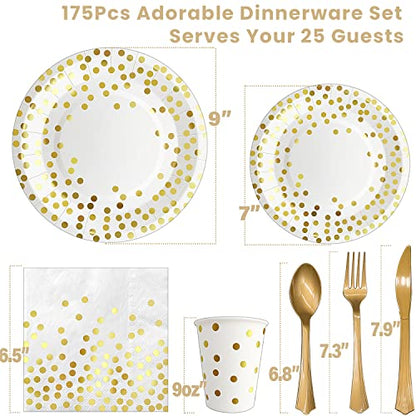 AIRE White Gold Dot Paper Plates Set, 175PCS Disposable Tableware for 25 - color: 175pcs White and Gold