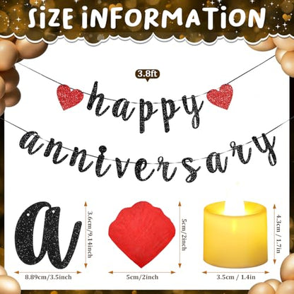 Retisee Red Anniversary Decorations Happy Anniversary Banner Sign Romantic Feliz Aniversario Party Decoration Glitter Banner with 24pcs LED Candles 2000pcs Rose Petals for Home Party Night Wedding