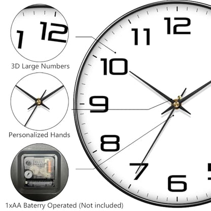 8 Inch Modern Wall Clocks Battery Operated - Silent Non Ticking Quartz Analog Clock with Large Numbers, Easy to Read Digital Wall Clock for Bedroom, Living Room, Kitchen, Office, Gym, Black - color: White Black, size: 8 Inch