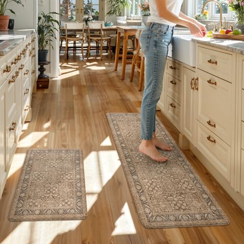 KIMODE Anti Fatigue Kitchen Mat, Boho Distressed Kitchen Rugs Sets of 2 - color: Brown/Multi, size: 47"L x 17.3"W x 0.47"Th + 29"L x 17.3"W x 0.47"Th