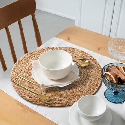 Aofmee 13.8 inch Round Woven Placemats Set of 6, Boho Rattan Place Mats, Natural Water Hyacinth Table Placemats, Farmhouse Weave Table Mats, Rustic Braided Wicker Charger Plates for Dining Table Decor - size: 13.8 Inch Set of 6