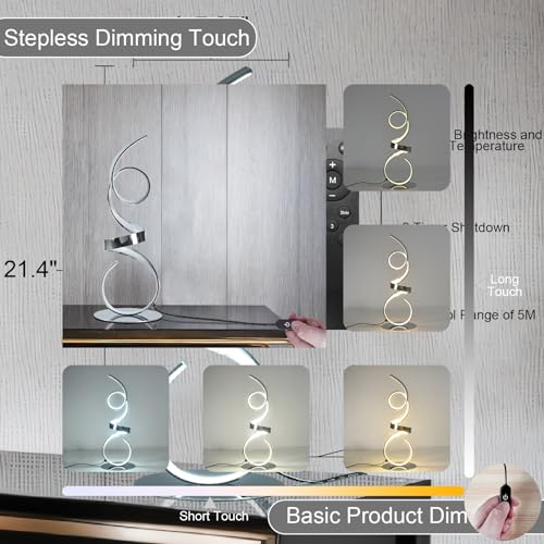 20W Modern Table Lamp,2700LM 3 Colors Remote Stepless Dimmable Bedside Lamp, Chrome LED Art Desk Lamp 21.4 Inch with Touch Switch for Living Room,Bedroom - color: Chrome(Remote)