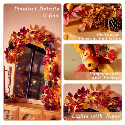 DecorbyHannah 6ft Fall Garland for Mantle with Lights & Leaves Pomegranate