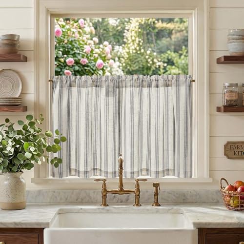 jinchan Linen Striped Tier Curtains for Kitchen Windows Farmhouse - color: Boho Black | on Linen, size: 26"W x 24"L (Pack of 2)