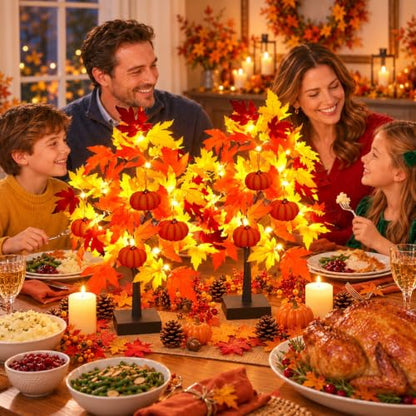 Fall Décor 2 Pack 24 Inch Fall Maple Tree with 48 LEDs Battery Operated Fall Lights with 8 PCS Pumpkin Wooden Hanging Ornaments Artificial Tree for Fall Thanksgiving Home Table Decorations