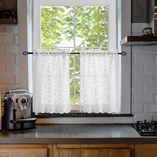 ALIGOGO White Cafe Curtains 24 inch Length Sets of 2 Chic Floral Lace Small Curtains for Camper Windows Basement Panels 2 Foot 26 W x 24 L Inch - color: White 1, size: 26"W x 24"L (Pack of 2)