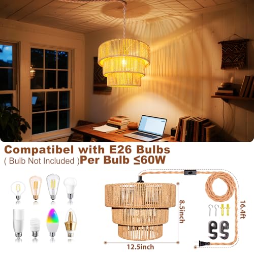 Maliralt Rattan Pendant Light Hanging Lamps - 16.4ft Plug in Cord Hanging Light Fixture Plug Into Wall Outlet Pendant Lighting with On Off Switch for Bedroom Living (3-Tier Rattan Lamp Shade) - size: 12.5 Inch-3-tier Ratan lampshade