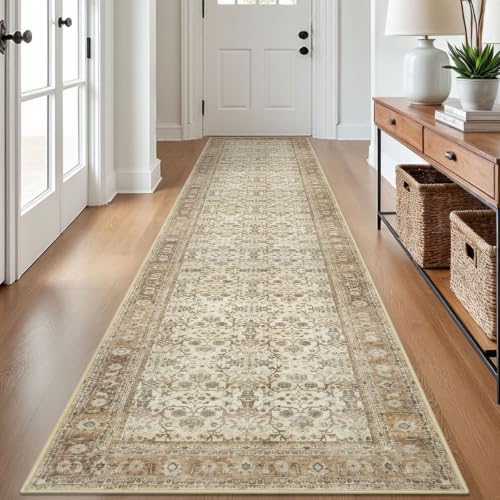 SIILOOM 2.6x12 Washable Runner Rug, Non Slip Area Rug for Hallway Kitchen - color: Beige/Brown, size: 2'7" x 12' (Runner)