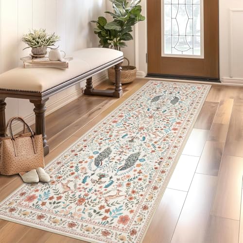 Garvee Floral Runner Rug 2x6 Washable Runner Rug Peacock Print Soft Beige - color: Beige, size: 2' x 6' (Rectangular)