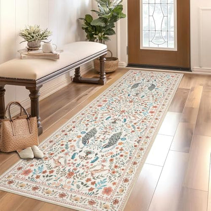 Garvee Floral Runner Rug 2x6 Washable Runner Rug Peacock Print Soft Beige - color: Beige, size: 2' x 6' (Rectangular)