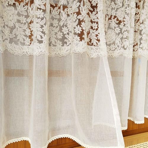 Vintage Beige Embroidered Floral Lace Sheer Curtain Valance for Kitchen - size: 52"W x 63"L (Pack of 1)
