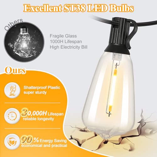 Brightever 25FT Outdoor String Lights 13 Bulbs, Waterproof Patio Lights - color: Black Wire Warm White, size: 25FT