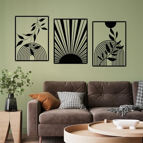 YIYA 3 Pieces Black Metal Wall Decor Black Modern Geometric Wall Decor Hanging Minimalist Line Wall Art for Bedroom Living Room Bathroom Balcony Gallery - style: Round and Leaf