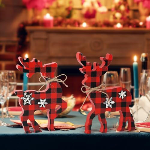 3Pcs Cute Christmas Tiered Tray Decor Indoor, Wooden Reindeer Christmas Tabletop Decorations Xmas Centerpiece, Rustic Reindeer Block Signs Standing Elk Decor for Home Shelf - style: Red and Black Buffalo Plaid
