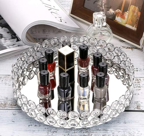Hipiwe Crystal Make up Tray, Mirror Perfume Tray Bathroom Storage Trays Jewelry Trinket Trays Vanity Cosmetic Organizer Home Decor, Birthday Gift for Women(Round 9.8 Inch)