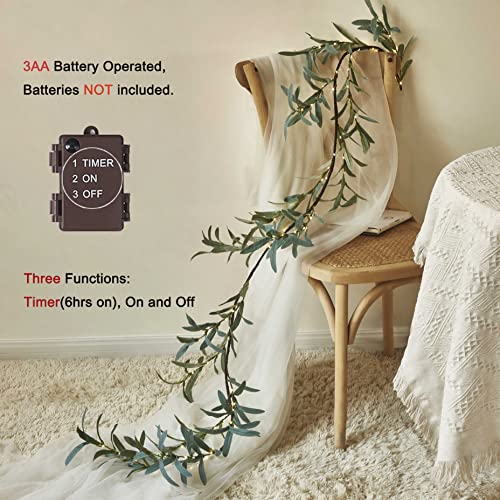 LITBLOOM Lighted Olive Garland Battery Operated with Timer 96 Fairy Lights 6FT, Artificial Greenery Twig Vine Lights for Christmas Spring Fireplace Mantle Decoration Indoor Outdoor - style: Olive