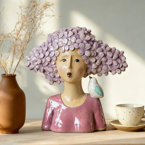 DiliComing Women-Head Statues for Home Decor 11 Inch Modern Art Statue - color: Women & Bird Purple