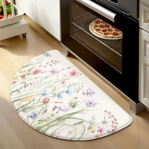 KIMODE Anti Fatigue Mat for Kitchen Floor, Half Circle Kitchen Floor Mats - color: Floral/White, size: 28"L x 18"W x 0.5"Th (Semicircular)