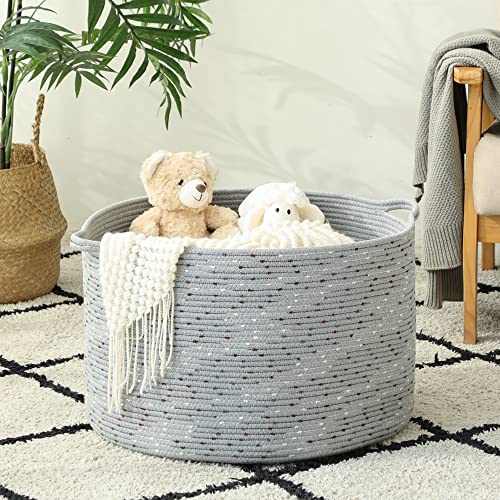 KAKAMAY Large Blanket Basket (20"x13"),Woven Baskets for storage Baby Laundry Hamper, Cotton Rope Blanket Basket for Living Room, Laundry, Nursery, Pillows, Grey with Blue & Brown Dotted - color: Grey Dot