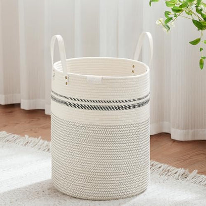 VIPOSCO 53L Tall Woven Rope Laundry Hamper, Leather Handles, Stripe White - color: Stripe White, size: 53L