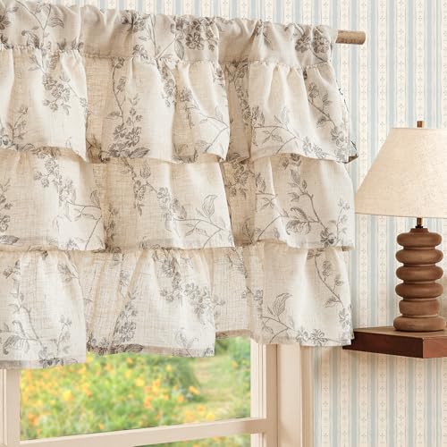 jinchan Alisa Ruffled Floral Valance Curtain 18 Inch 1 Panel Grey on Linen - color: Alisa Grey on Linen