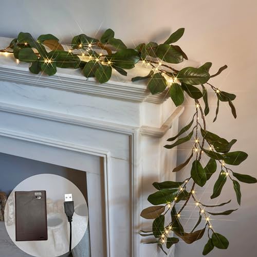 LITBLOOM Faux Magnolia Garland with Lights 6FT Battery Operated with Timer or USB Plug in, Lighted Greenery Garland with 80 Fairy Lights for Home Fireplace Mantle Holiday Decoration Inside - style: Magnolia