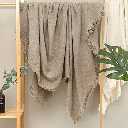 GLORY SEASON 100% Cotton Throw Blanket in Light Brown Jacqard Weave Fabric with Fringe Soft All Season Cover for Bed Couch and Living Room Sofa,Chair 50x60 Inches - color: Light Brown