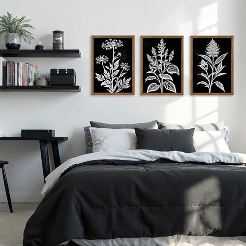 AVECCO 3 Pieces Black White Botanical Wall Art Canvas Framed 12x16 Inch - color: Dark, size: 16"L x 12"W