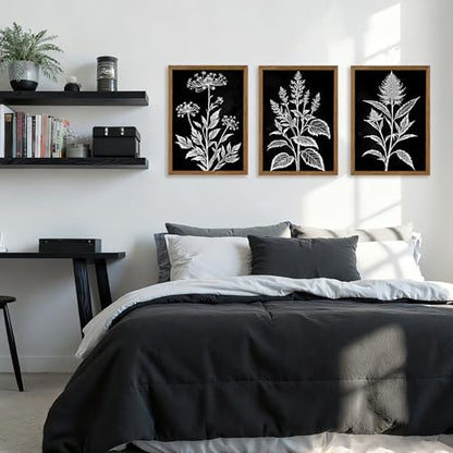 AVECCO 3 Pieces Black White Botanical Wall Art Canvas Framed 12x16 Inch - color: Dark, size: 16"L x 12"W
