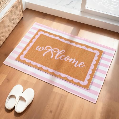 Tinideya 2 Pcs Pink Welcome Mats for Front Door Pink Stripe Layered Doormat - color: Pink