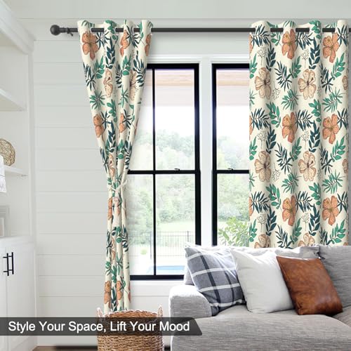 Spring Floral Blackout Curtains for Bedroom and Living Room, Farmhouse Thermal Insulated Black Out Curtains 84 Inch Length 2 Panels Set, Room Darkening Privacy Soundproof Curtains with Two Tiebacks - color: Flowers and Leaves