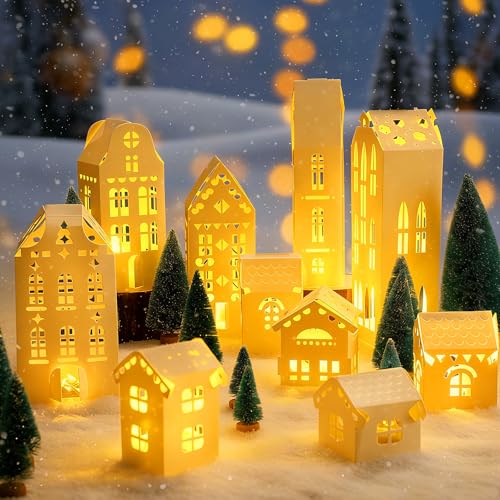 Chunful 20 Pack Christmas Village Houses Set with Light Paper Buildings