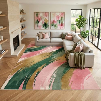 8x10 Pink and Green Area Rug, Modern Abstract Brushstroke Design - color: Pink/Green/Gold, size: 8' x 10' (Rectangular)