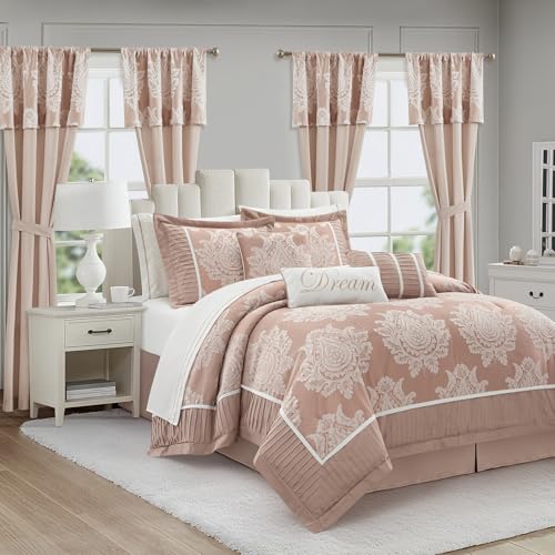 LANCO MODERN LIFESTYLE Blush Queen Comforter Set, 15 Pieces, Damask Jacquard Woven, Bedding Set with Sheets, Room in a Bag, Comforter, Bed Skirt, Pillow Shams and Decor Pillows, Curtains - color: X-blush, size: Queen