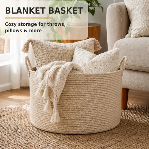 XUANGUO 66L Large Blanket Basket, Round Cotton Rope Basket, Oatmeal - color: Oatmeal