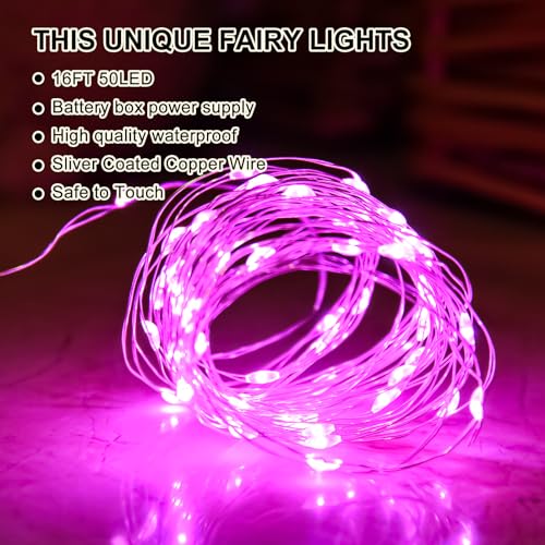 Pink Fairy Lights Battery Operated (Included), 8 Modes & Auto Timer, 16FT 50Led Mini Twinkle Silver Wire Firefly Starry Lights, Waterproof Battery Operated Lights for Mason Jars Wedding Party - color: Pink, size: 1 Pack - Batteries Included