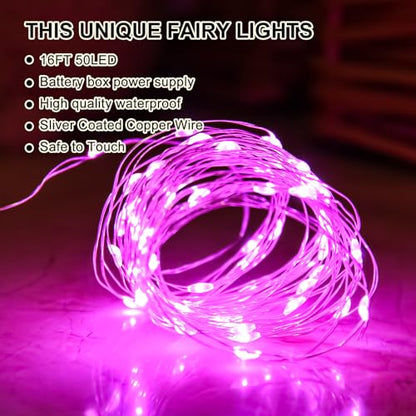 Pink Fairy Lights Battery Operated (Included), 8 Modes & Auto Timer, 16FT 50Led Mini Twinkle Silver Wire Firefly Starry Lights, Waterproof Battery Operated Lights for Mason Jars Wedding Party - color: Pink, size: 1 Pack - Batteries Included