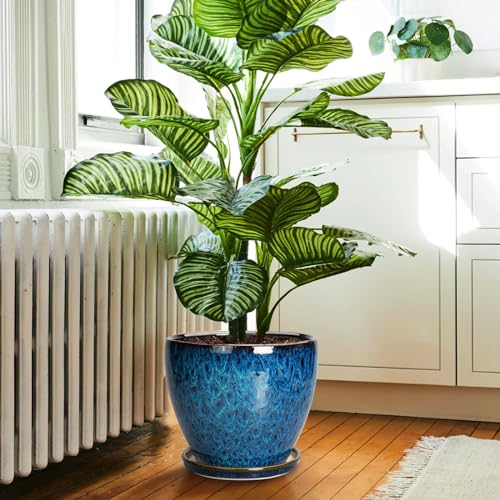10 Inch Ceramic Planter Pot Round Plant Pot for Indoor Plants Outdoor Large Flower Pot with Drainage Hole and Saucer Blue - color: Blue-glaze, size: 10 Inch