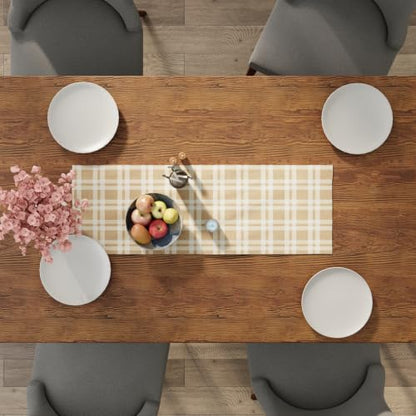 Encasa XO Table Runner, Woven Cotton Dining Linens 13"x36" Beige - color: Franca Beige Checks, size: 13x36 in