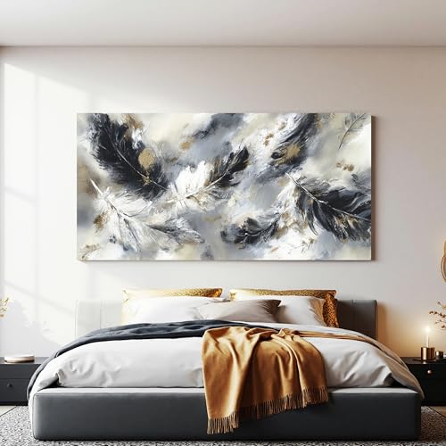YISXINOAG Black White Abstract Wall Art Modern Feather Painting 24"X48" - color: black grey, size: 48"L x 24"W