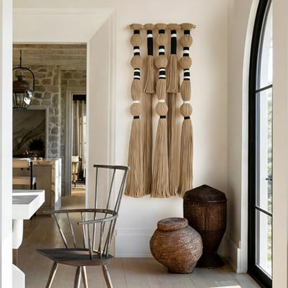 Macrame Wall Hanging Geometric Khaki Boho Fiber Craftsmanship 15.7"W*39"L - color: Khaki Black