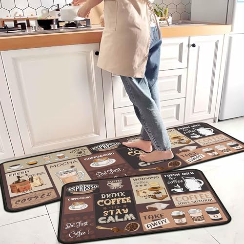 Vintage Coffee Themed Kitchen Rugs Set of 2, Coffee Cup Bean Quote Water Absorbent Non Slip Kitchen Floor Mats, Cafe Farmhouse Runner Rug for Sink Laundry Room Decor, 17"x30"+17"x47" - color: Color-60