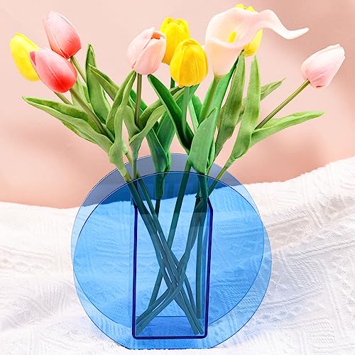 Blue Acrylic Vase Round for Modern Aesthetic Room Decor,Plastic Decorative Vase for Bedroom,Living Room Table - Light Blue Acrylic Vase Decorative Centerpiece for Home or Wedding Office - color: C