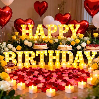 Happy Birthday Light up Letters, Include Tea Lights Candles, Latex Balloons, Aluminum Balloons and Rose Petals, Special Festival, Surprise Gifts for Women and Men - color: Happy Birthday
