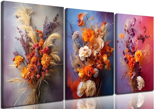 CHTEXA Boho Dried Flower Canvas Wall Art, 3 Piece Gallery Wrapped, 12x16 - color: Dark flowers and grasses-5, size: 12x16 inch