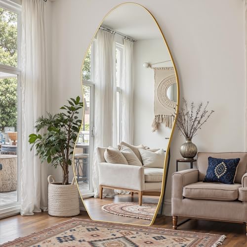 Antok Irregular Full Length Mirror, 76"x36" Asymmetrical Floor Mirror with Stand, Standing Hanging Leaning Irregular Mirrors for Bedroom Living Room Entryway, Wavy Shaped, Golden - color: Gold, size: 76"L x 36"W, style: Wavy Shaped Style
